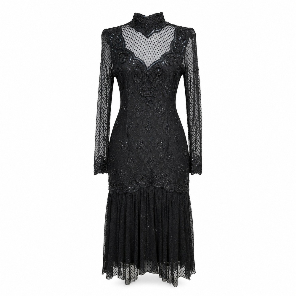Vintage Judith Ann Creations Black Beaded Sequin Mock Neck Midi Dress‎ L Gothic